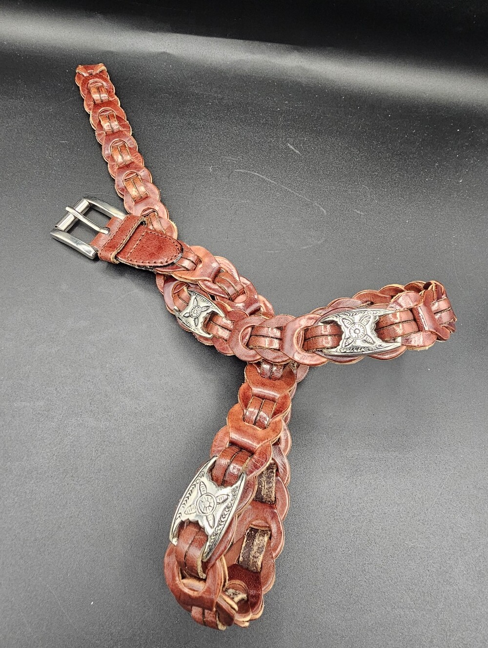 Vtg Capezio Brown Leather Link Belt Western Concho Boho Slip-Braid Belt 90s M/L